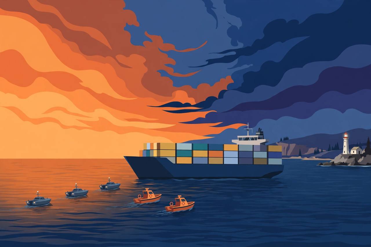 Editorial illustration of a container ship in the Black Sea with naval drones approaching and rescue boats nearby