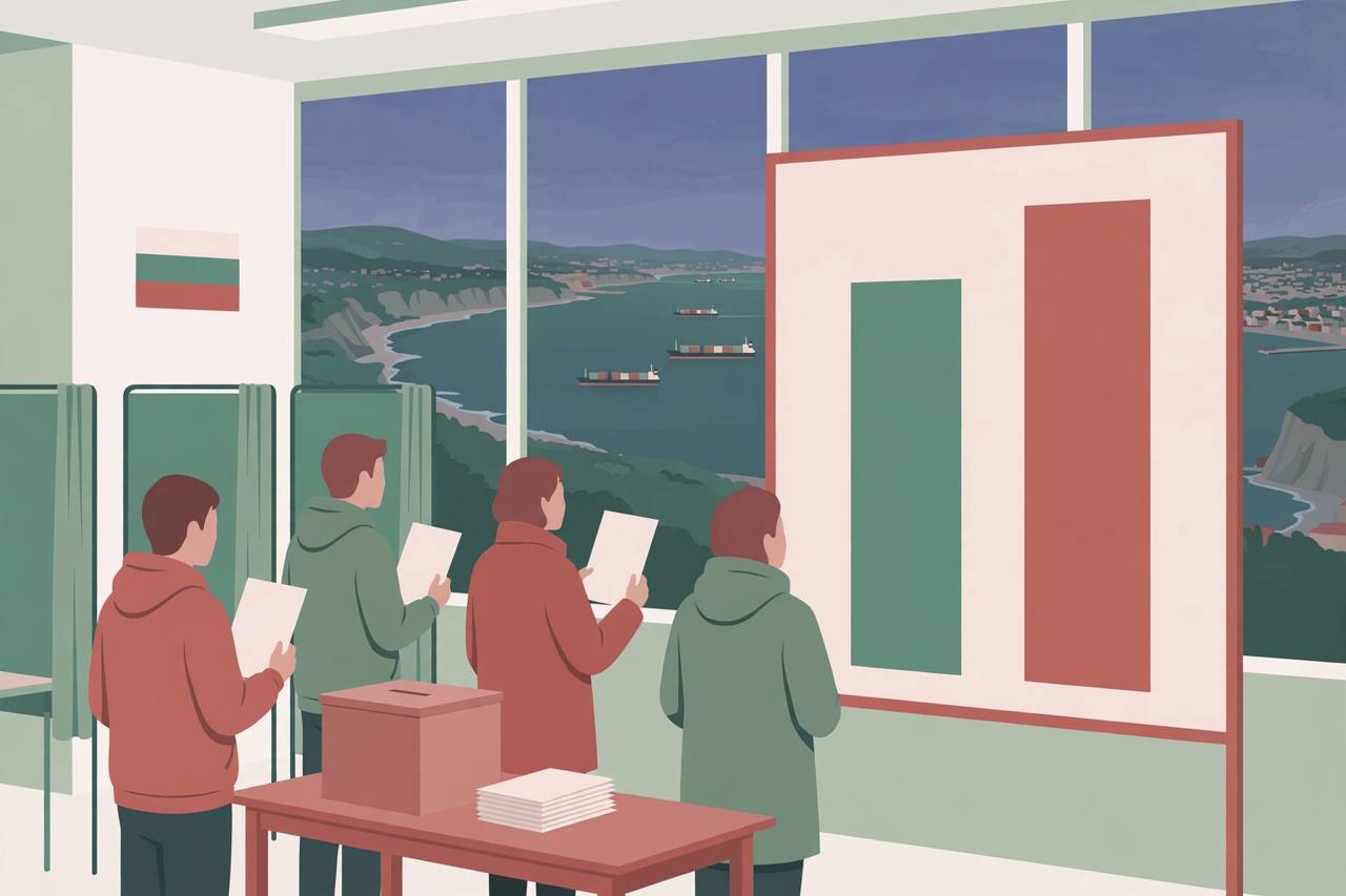 Editorial illustration of a generic Bulgarian polling station in Sofia at dusk, voters with blank ballot papers and a results board with two almost level blank bar-chart columns, Black Sea cargo ships in the distance - flat style, no real person depicted