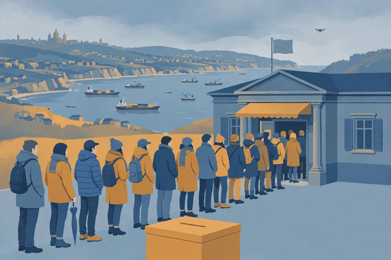 Editorial illustration of generic voters at a polling station in Sofia with the Black Sea coast and merchant ships behind
