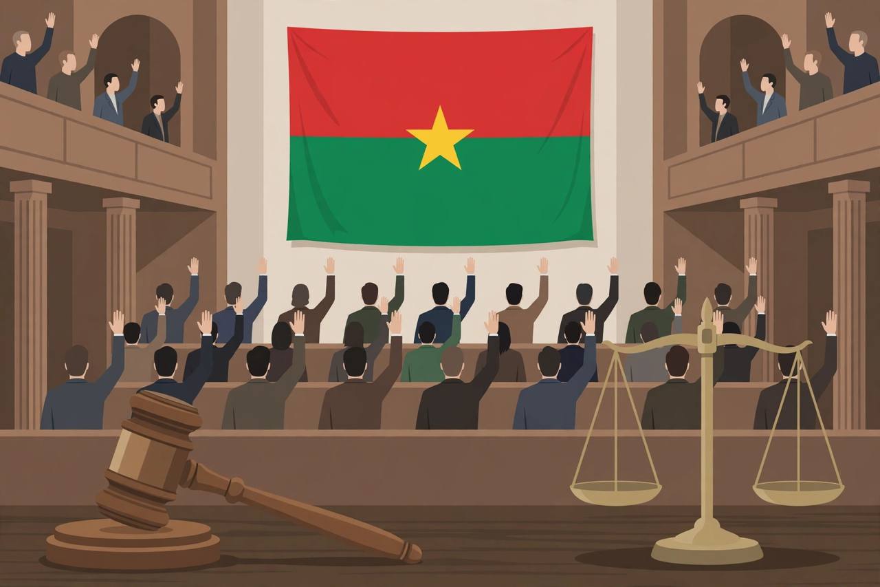 Editorial illustration of legislators voting in an assembly chamber beneath the Burkina Faso flag, with a gavel and scales of justice in the foreground