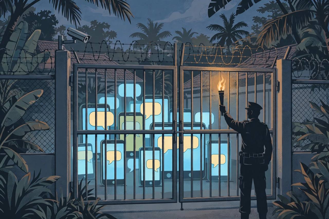 Flat editorial illustration of a fenced compound gate at dusk with a generic security guard silhouette, a security camera and glowing phone screens behind the fence