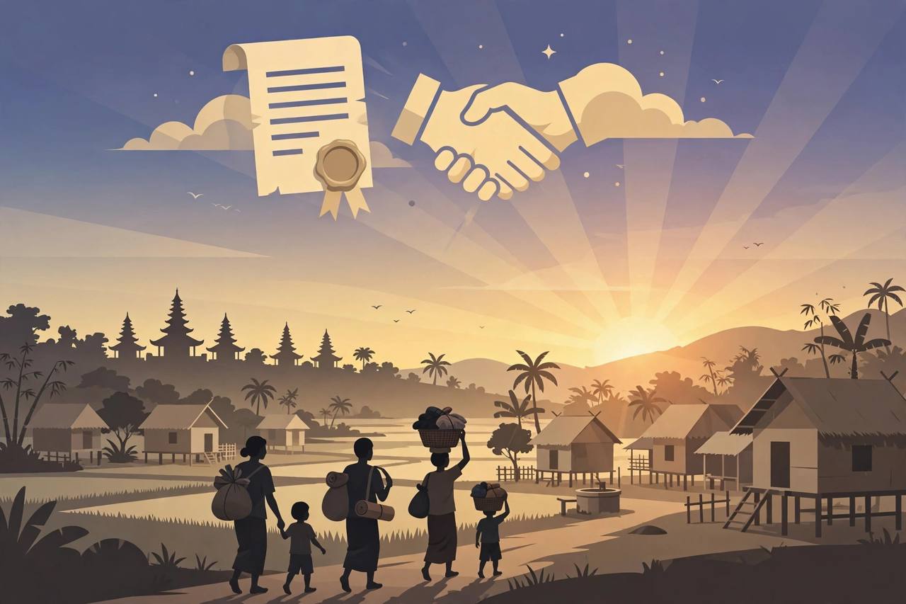 Editorial illustration of Cambodian borderland families returning to village homes under a hopeful dawn sky, with temple silhouettes