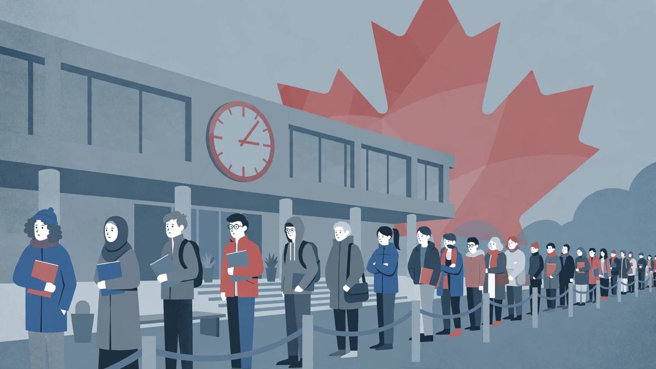 Editorial illustration of a queue of people with folders outside a government office building with a large clock