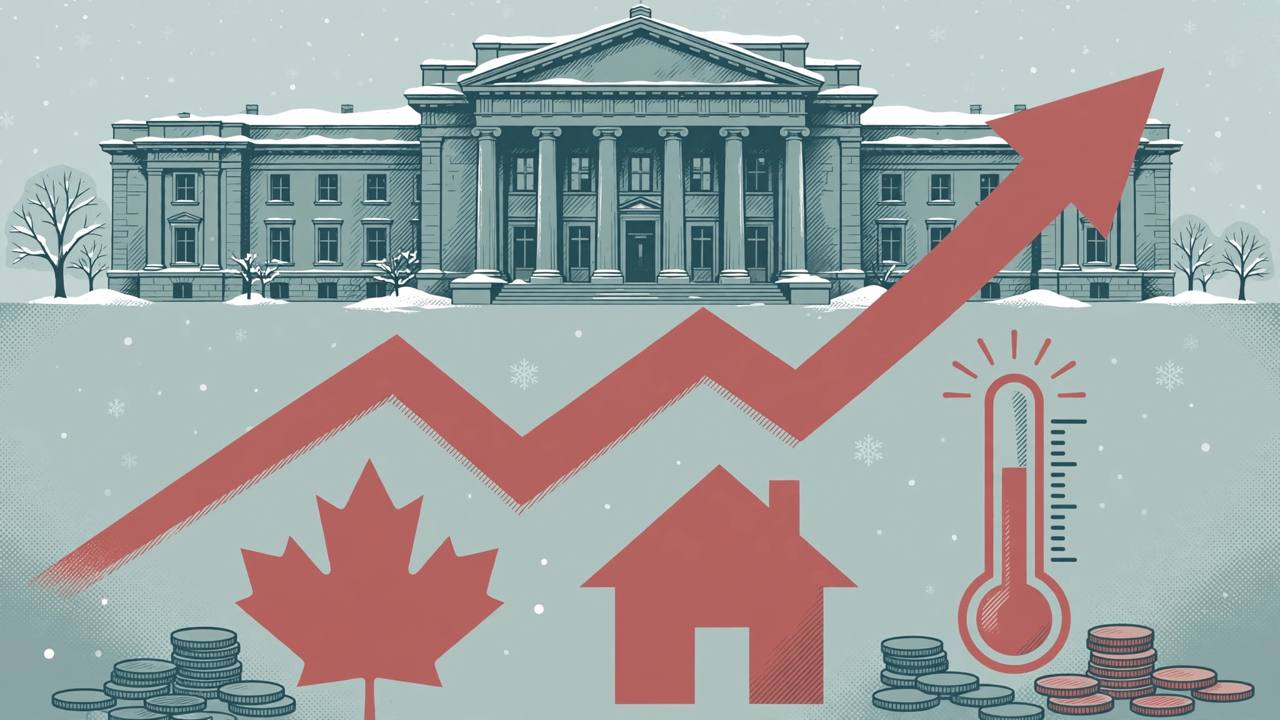 Editorial illustration of a central bank building, a rising interest-rate arrow, a maple leaf and a house