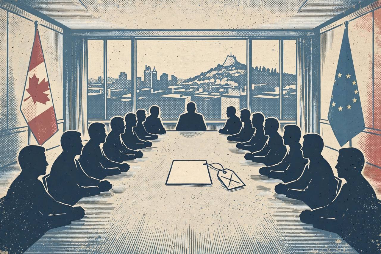 Editorial illustration of a summit table with Canadian and European Union flags, generic silhouette delegates and a document with a crossed-out label tag, flat style, no real person depicted