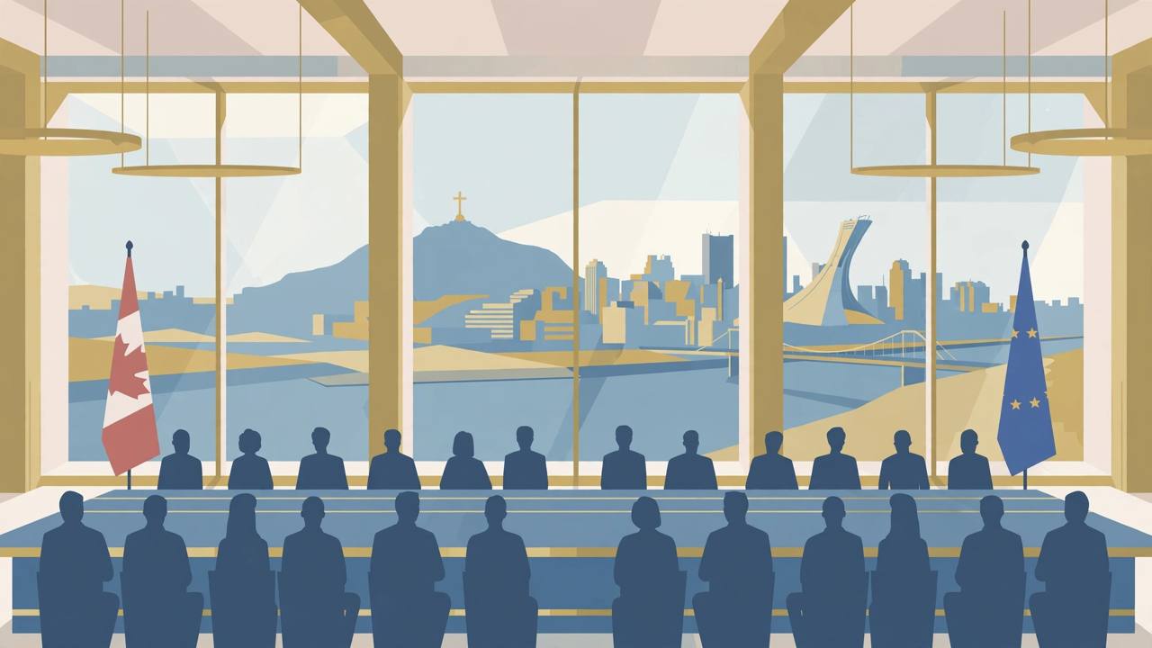 Editorial illustration of a summit table in Montreal with a Canadian flag at one end and a European Union flag at the other, delegates as generic silhouettes — flat style, no real person depicted