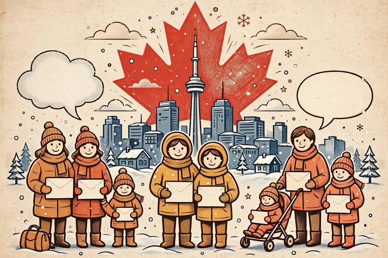 Editorial illustration of generic newcomer families holding plain invitation envelopes in front of a stylised Canadian city skyline with a maple leaf in the sky