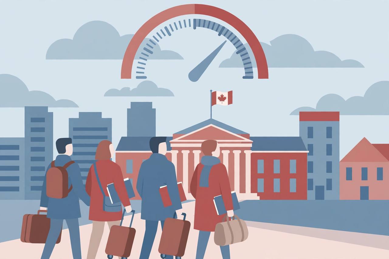 Editorial illustration of generic newcomers with suitcases and document folders walking toward a stylised Canadian city skyline under a points-score gauge — no real person depicted