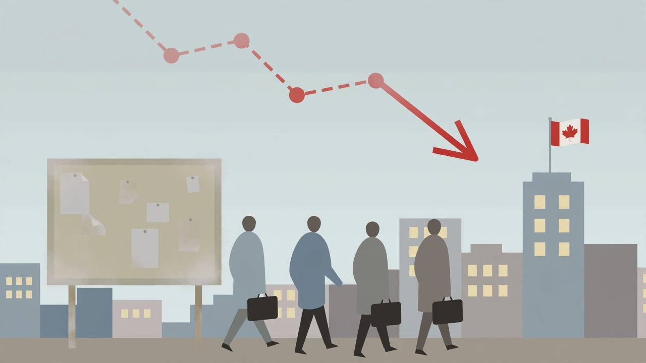 Editorial illustration of a Canadian skyline with generic job seekers and a downward arrow — flat style, no real person depicted