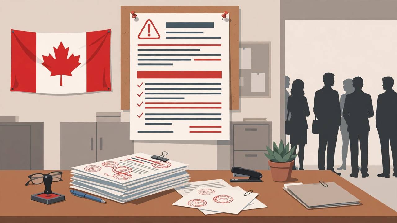 Editorial illustration of a Canadian immigration consultant's office desk with stamped application documents, an official penalty notice, a maple leaf flag and generic waiting applicants (Editorial illustration)
