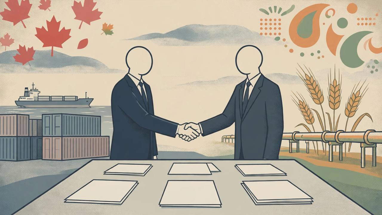 Editorial illustration of two generic diplomats shaking hands over blank trade documents, with shipping containers, a cargo ship, wheat and an energy pipeline behind them and abstract maple-leaf and orange-green colour elements - flat style, no real person shown