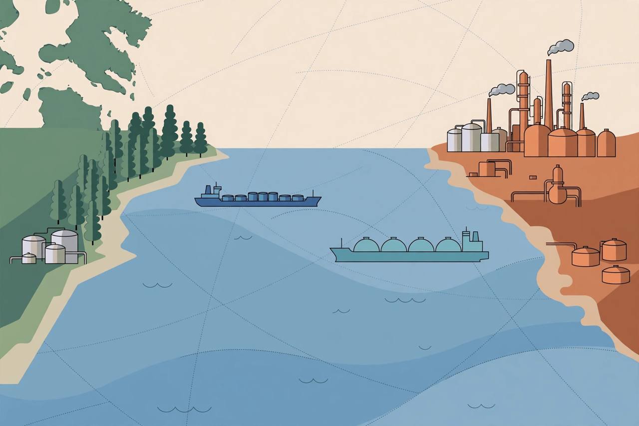 Editorial illustration of an oil tanker and an LNG carrier crossing a stylised ocean between a Canadian Pacific coast with storage tanks and an Indian refinery coast — no people depicted