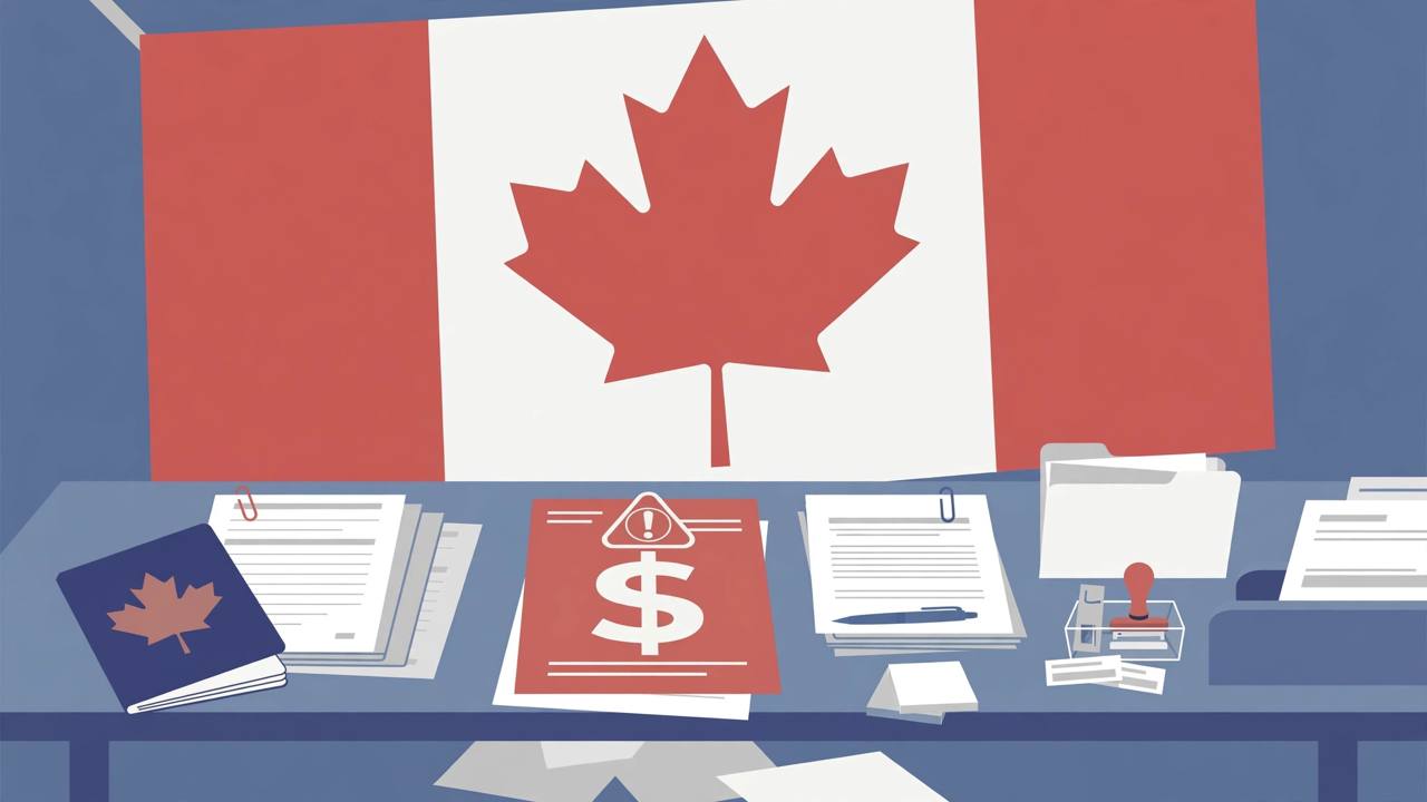 Flat editorial illustration of a Canadian immigration application desk with a passport, paperwork, a maple leaf flag and a penalty document
