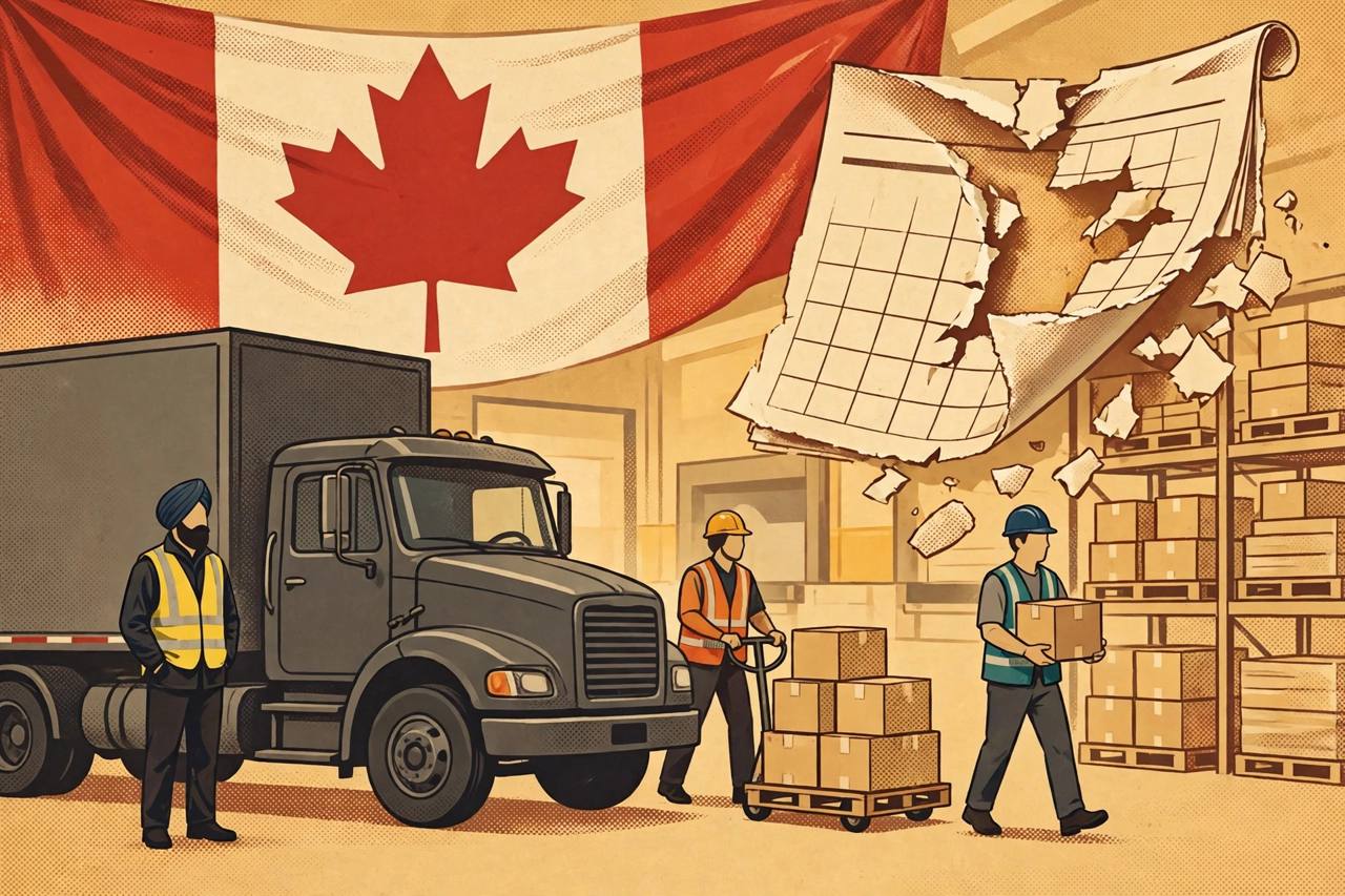 Editorial illustration of generic workers in Canada, including a turbaned truck driver beside a long-haul truck, with a calendar deadline page tearing away and a Canadian flag behind