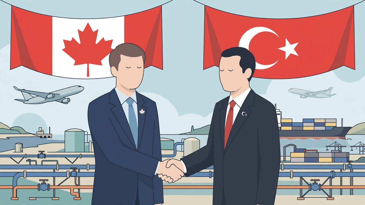 Editorial illustration of two generic leaders shaking hands before Canadian and Turkish banners, with cargo planes, a ship and pipelines — flat style, no real person depicted