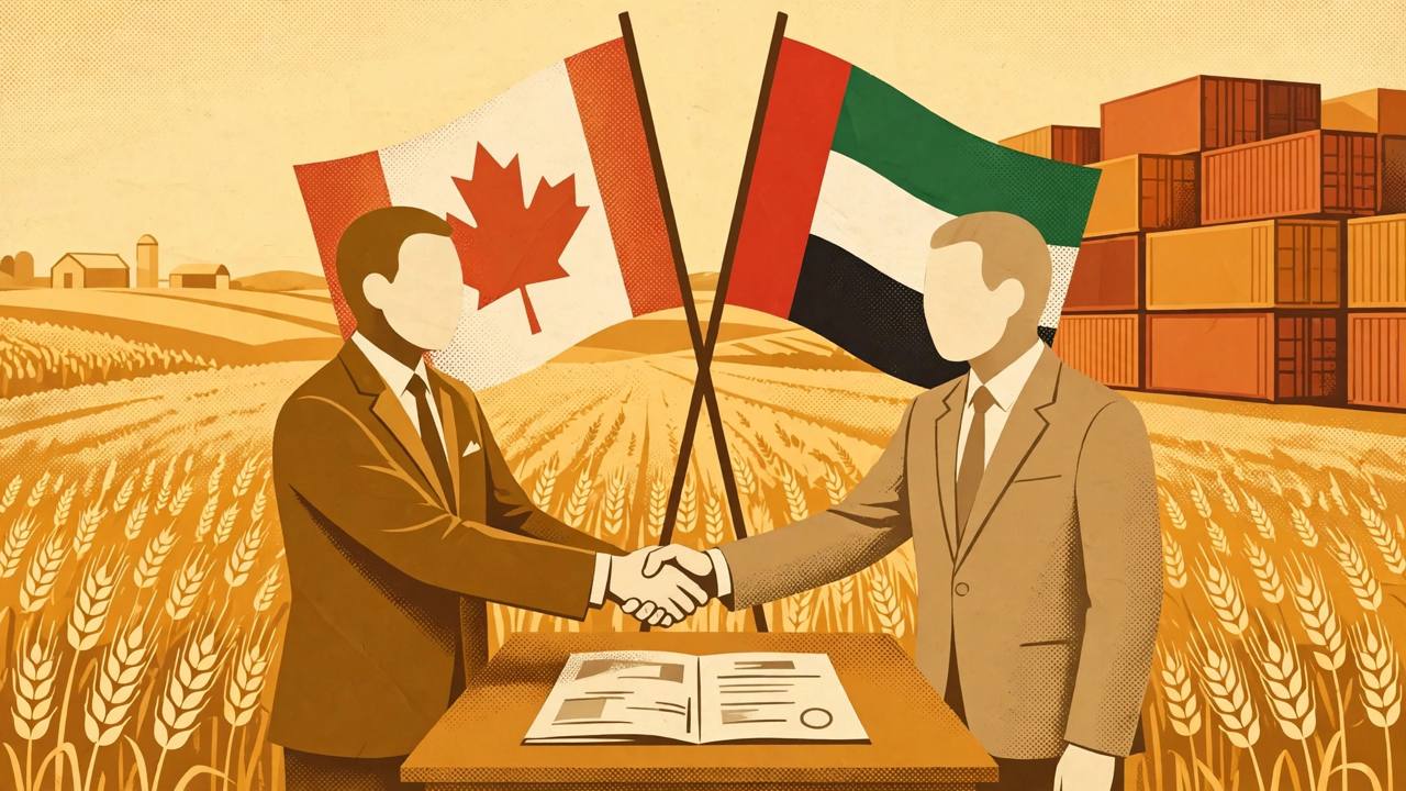 Editorial illustration of two generic officials shaking hands over a trade agreement document, with Canadian and UAE flags, cargo containers and a wheat field behind them