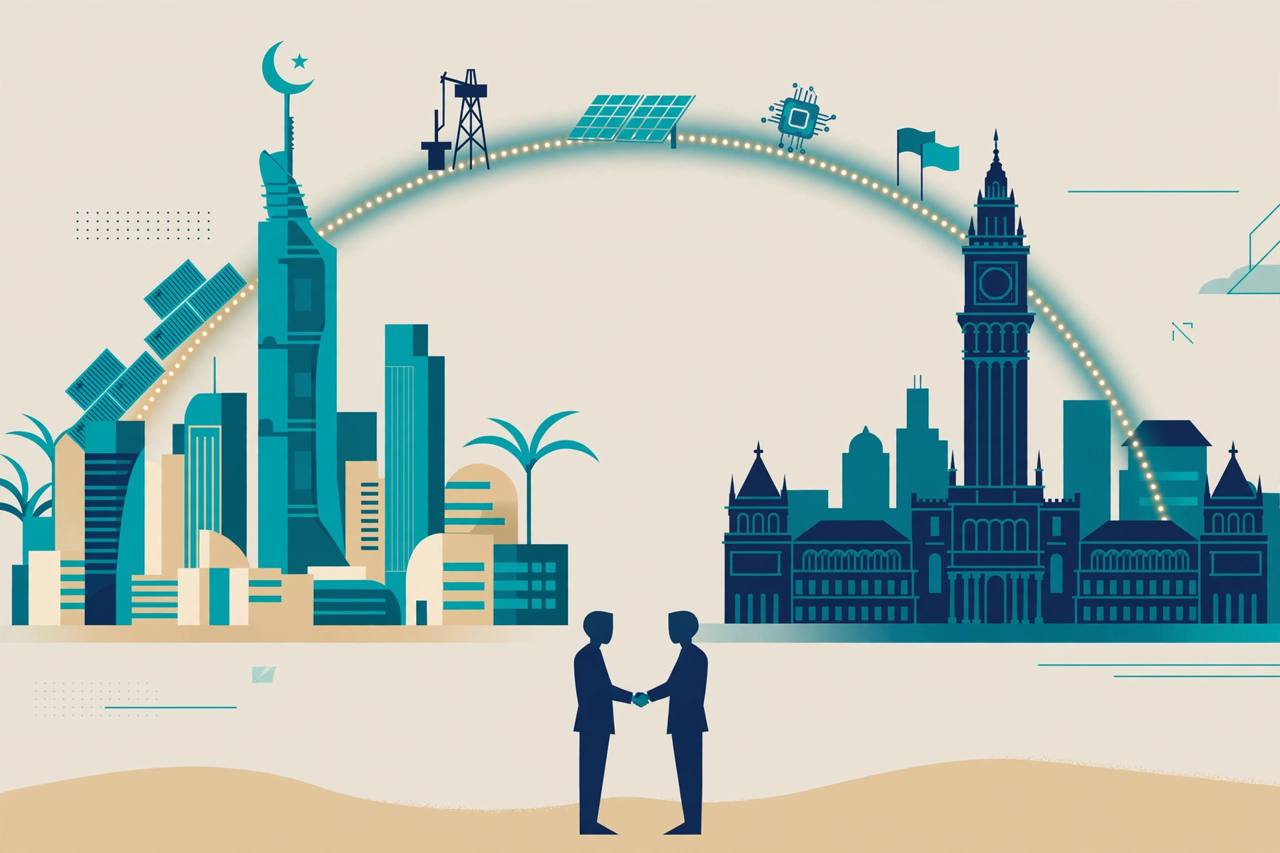 Editorial illustration of a Gulf city skyline and a northern parliament skyline joined by glowing trade routes
