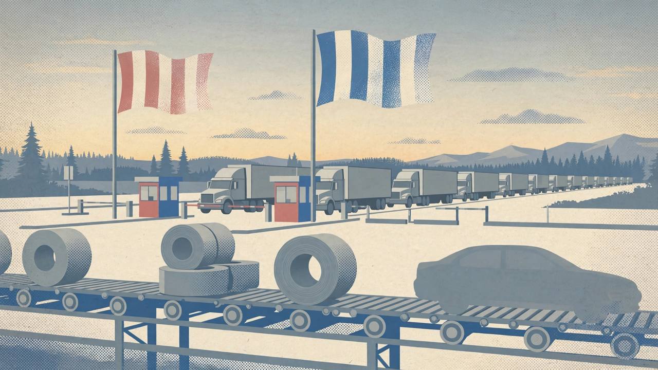 Trucks queue at a Canada-US border crossing with steel coils and a car on a conveyor (editorial illustration)