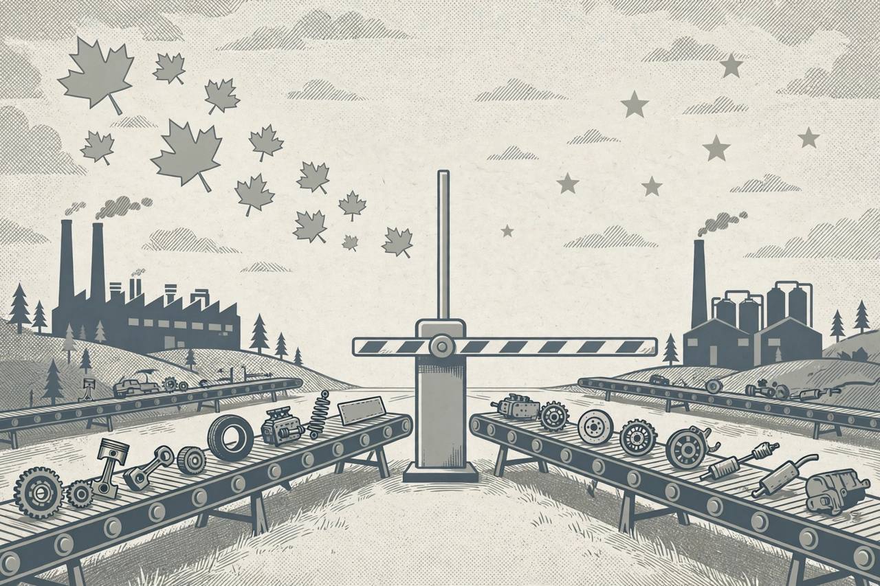 Editorial illustration of auto factories and car parts at a stylised Canada-US border crossing with a tariff barrier, flat style, no text, no real person depicted