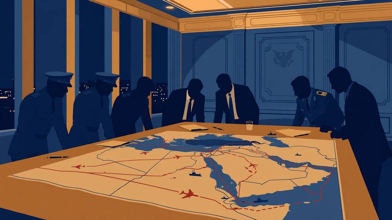 Editorial illustration of a White House briefing table with a map of the Middle East and the Strait of Hormuz