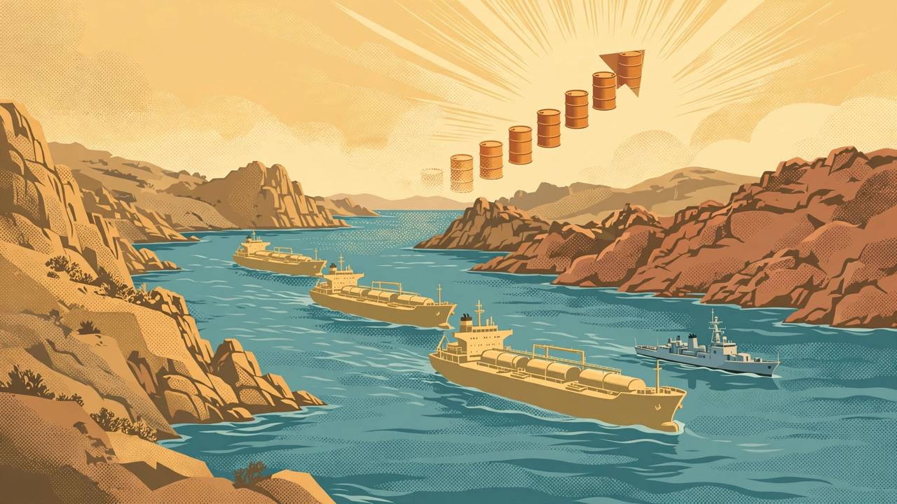 Editorial illustration of oil tankers in convoy through the Strait of Hormuz with a naval escort