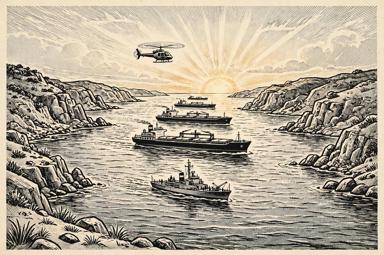 Editorial illustration of a generic strait with cargo tankers sailing in line, a naval minesweeper ship and a helicopter above at sunrise - flat style, no real person shown