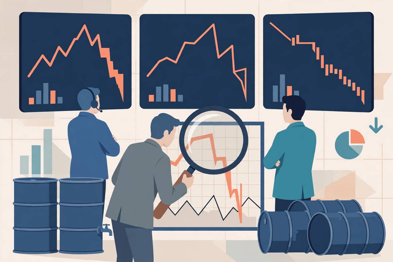 Editorial illustration of oil futures trading screens with a sharp two-minute downward spike, crude barrels and a magnifying glass over charts, generic figures only