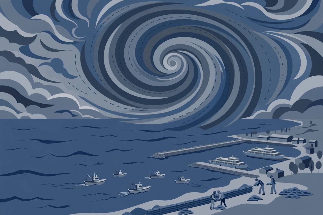 Editorial illustration of a super typhoon approaching a coastline with ferries docked and fishing boats returning to port
