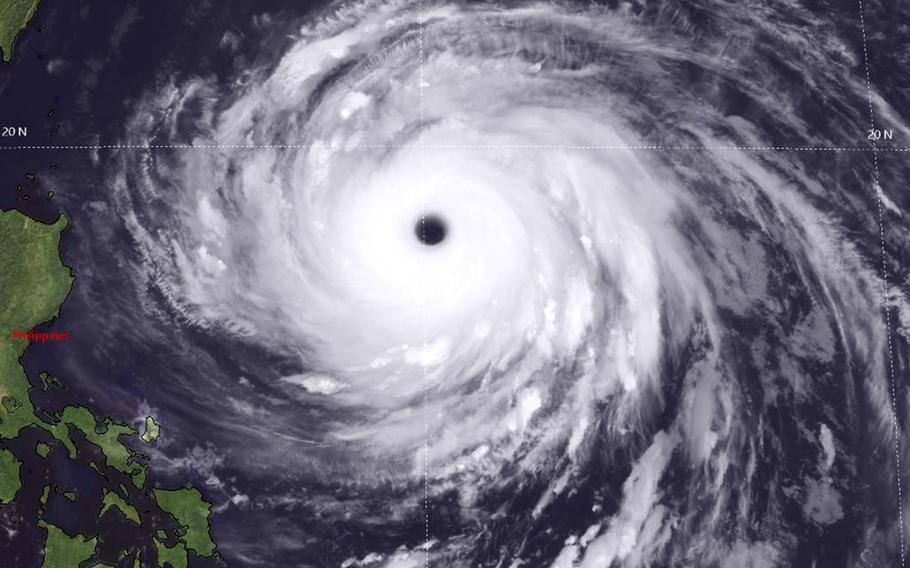 Satellite image of Super Typhoon Champi east of the Philippines and southeast of Taiwan on October 21, 2026