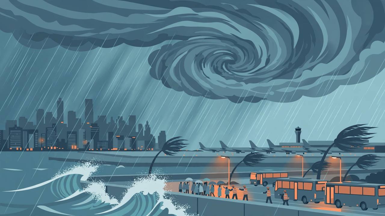 Editorial illustration of Typhoon Champi over China's east coast, with residents being evacuated by bus and planes grounded at an airport