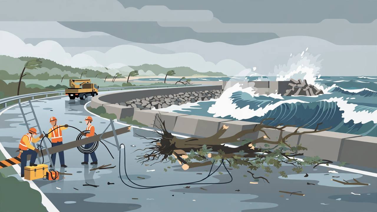 Editorial illustration of generic utility workers restoring a fallen power line and clearing a toppled tree on a wet coastal road in Taiwan after Typhoon Champi — flat style, no real person depicted, no victim shown