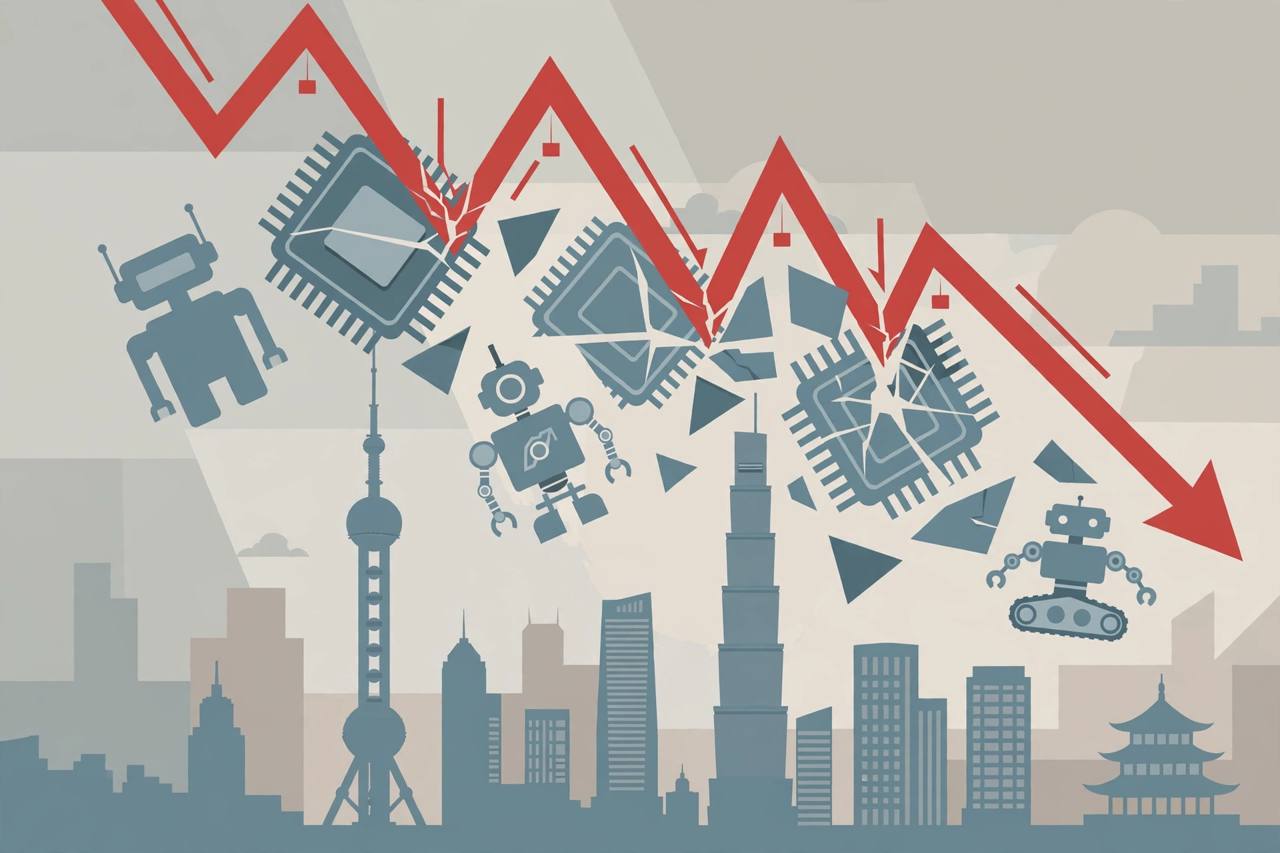 Editorial illustration of a steep falling stock line crashing through computer chip and robot silhouettes over a generic Shanghai skyline