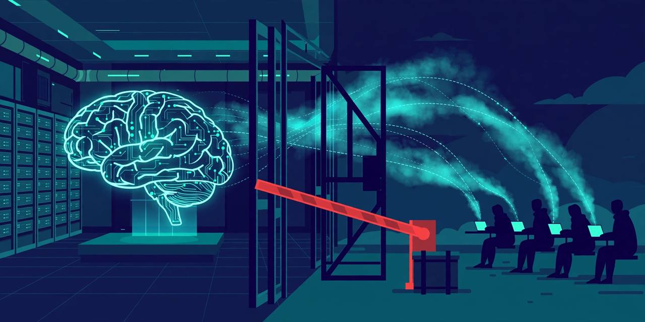 Editorial illustration of a glowing AI brain inside a data centre behind a red export barrier, with cloud streams reaching laptop users outside the gate