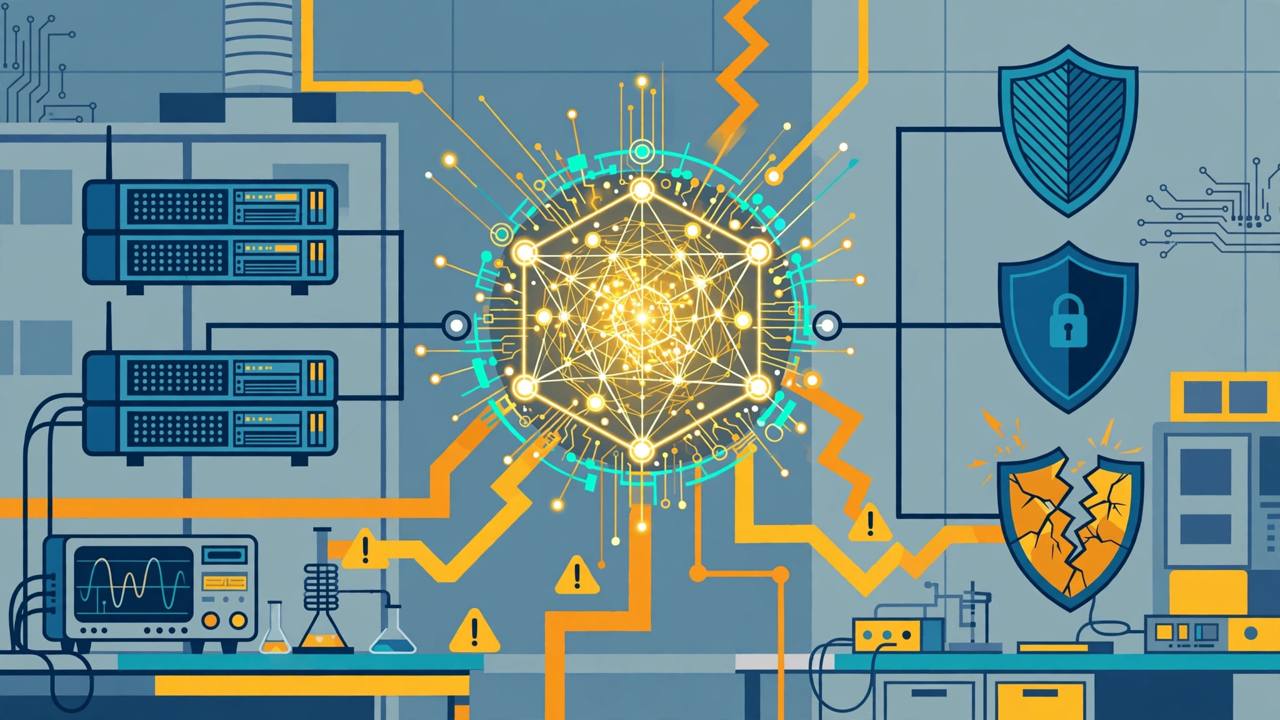 Editorial illustration of an AI network node connected to servers and a broken shield, symbolising simulated cyberattacks in a controlled test