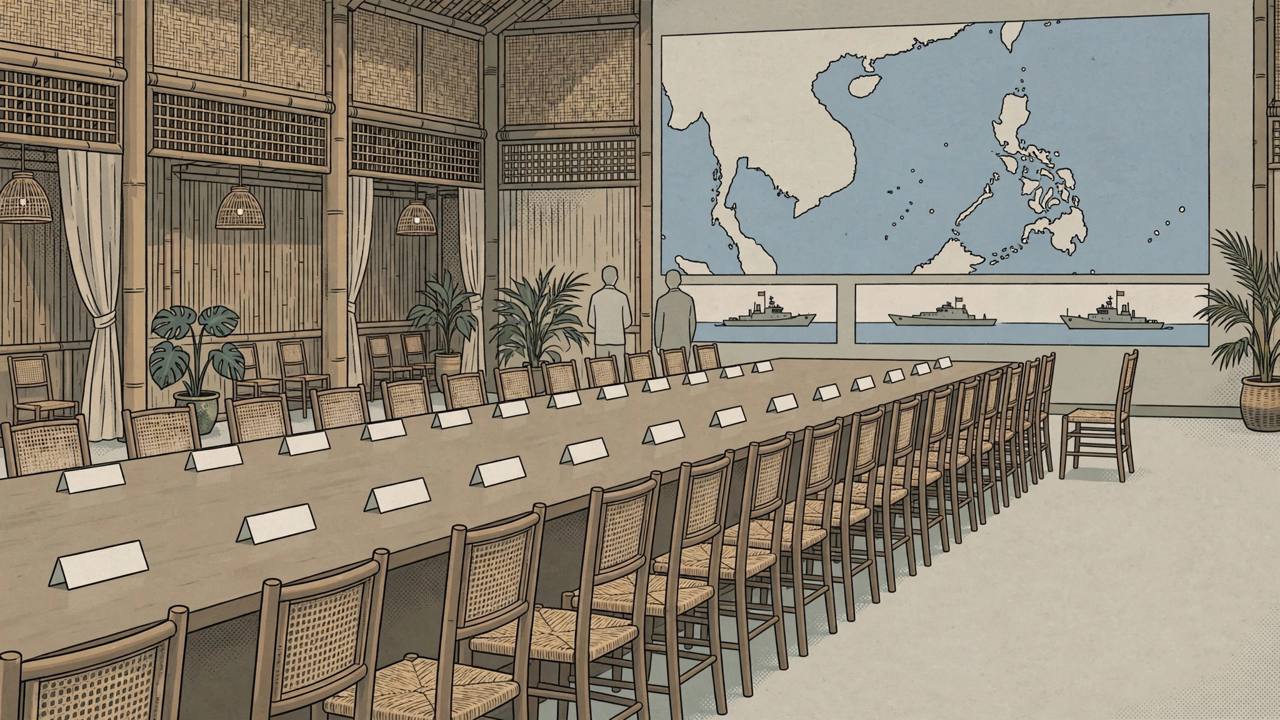 Flat editorial illustration of a long ASEAN-style conference table with many empty chairs and one small chair at the far end, stylised sea in the background, no real person depicted. (Editorial illustration)