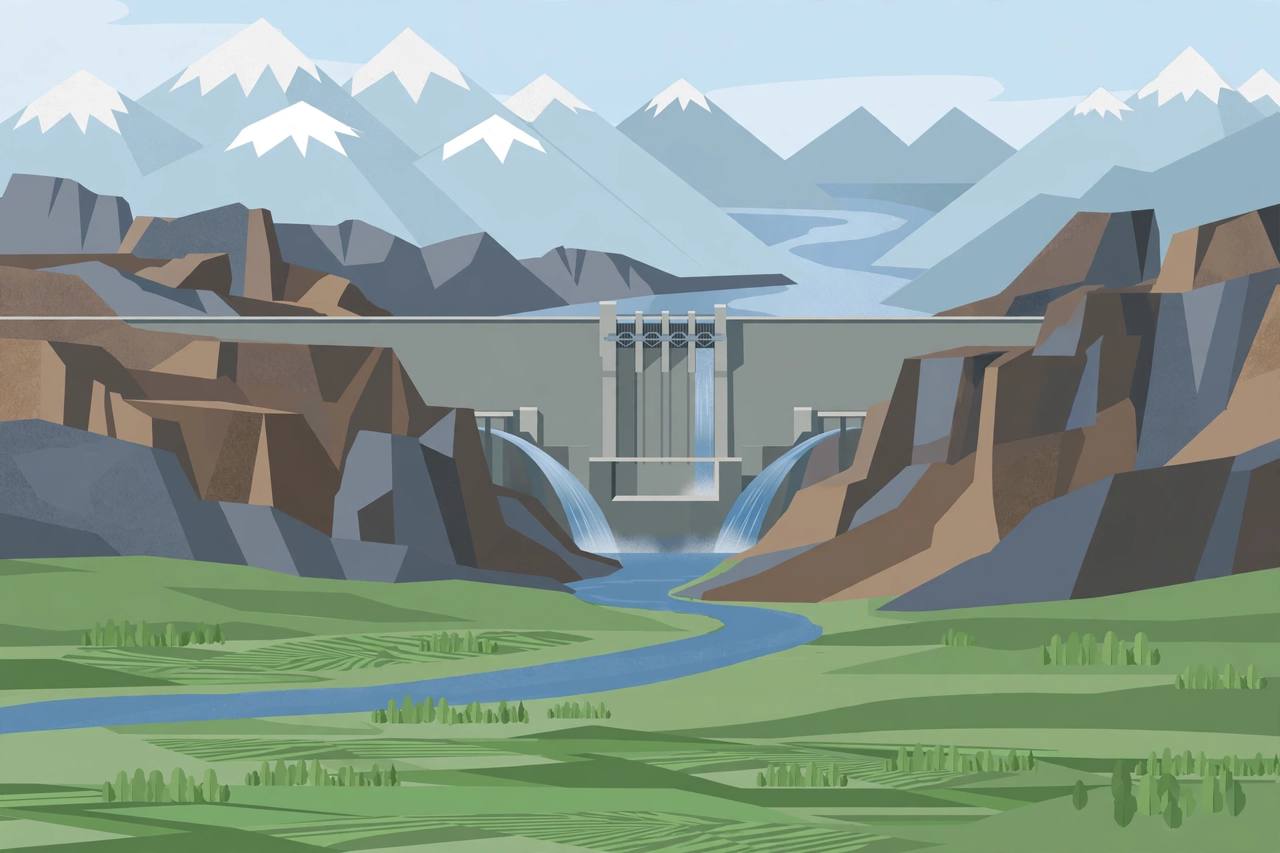 Editorial illustration of a huge concrete dam across a mountain gorge on the Yarlung Tsangpo river on the Tibetan Plateau