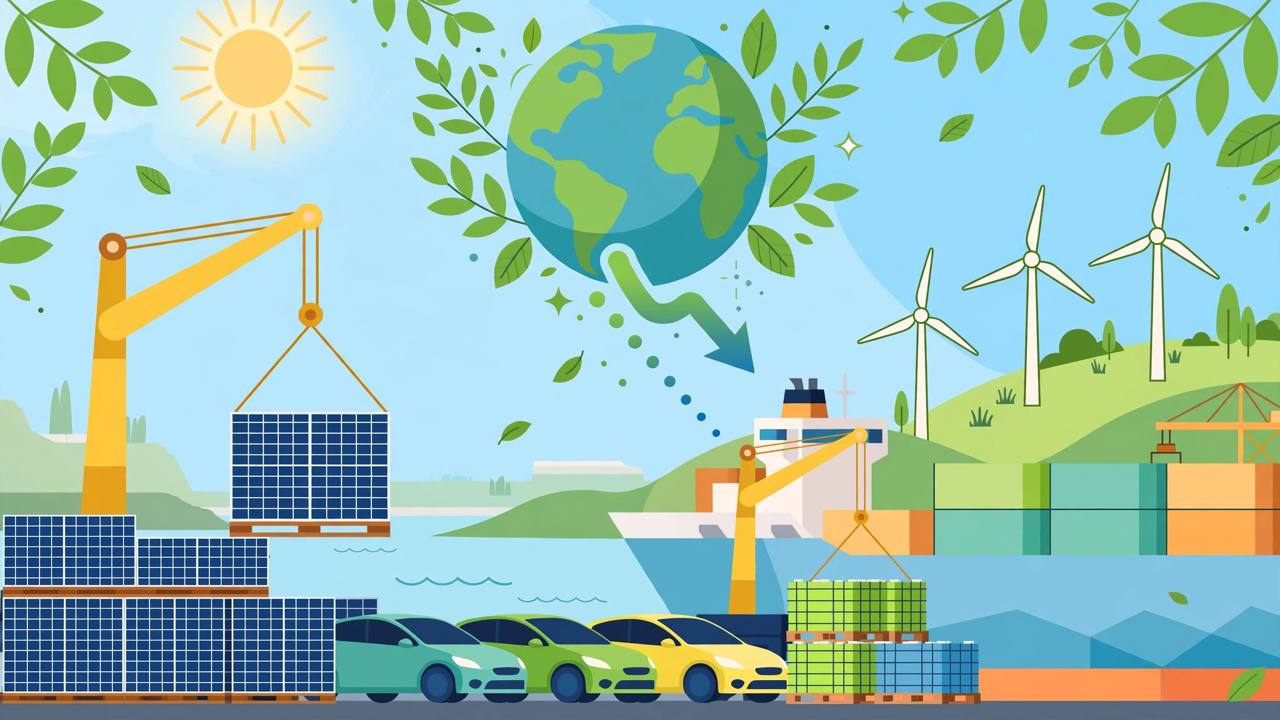 Editorial illustration of Chinese-made solar panels, wind turbines, electric cars and batteries being loaded onto a cargo ship, with a globe and falling emissions in the background