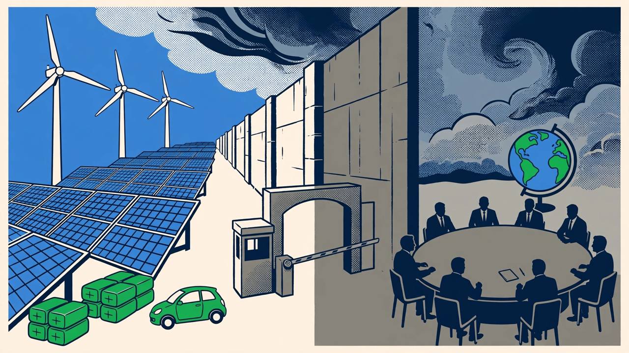 Editorial illustration of solar panels, wind turbines, batteries and an electric car behind a tariff barrier wall facing a climate summit table and a globe, flat editorial style, no text, no real people