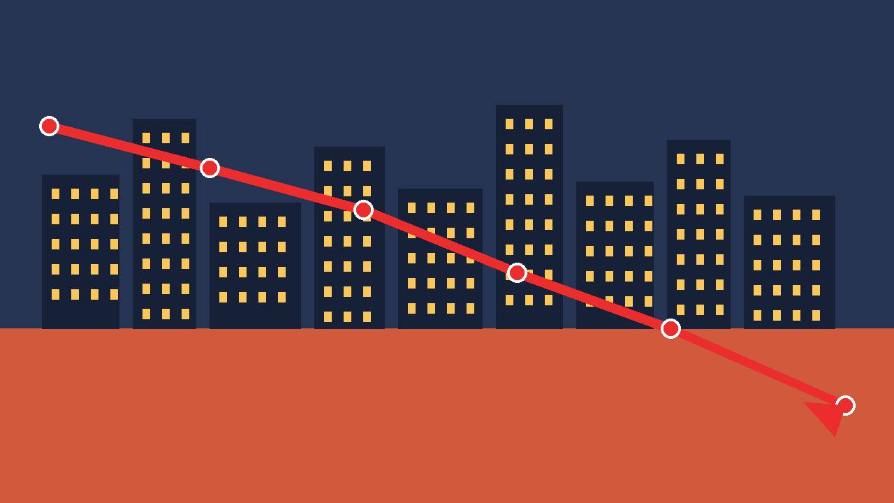 Editorial illustration of a generic city skyline with a steep red falling market line — no real person, place or incident depicted