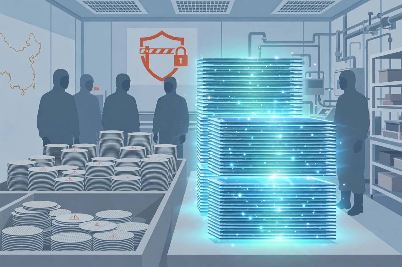 Editorial illustration of a semiconductor cleanroom with vertically stacked high-bandwidth memory chips and many low-yield wafers set aside