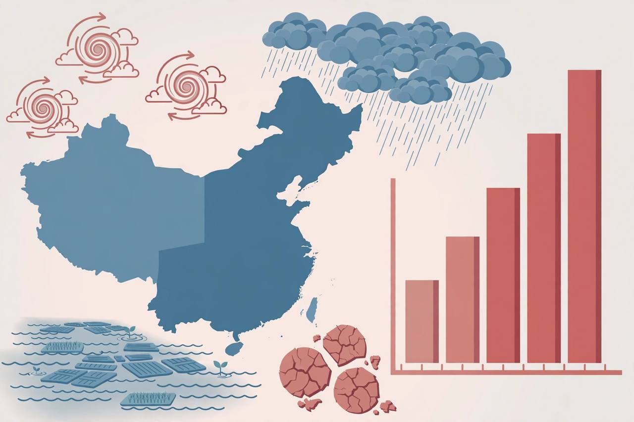 Editorial illustration of a stylised map with typhoon swirls, flood water, rain clouds and a rising losses chart, flat style, no text, no real person or incident depicted