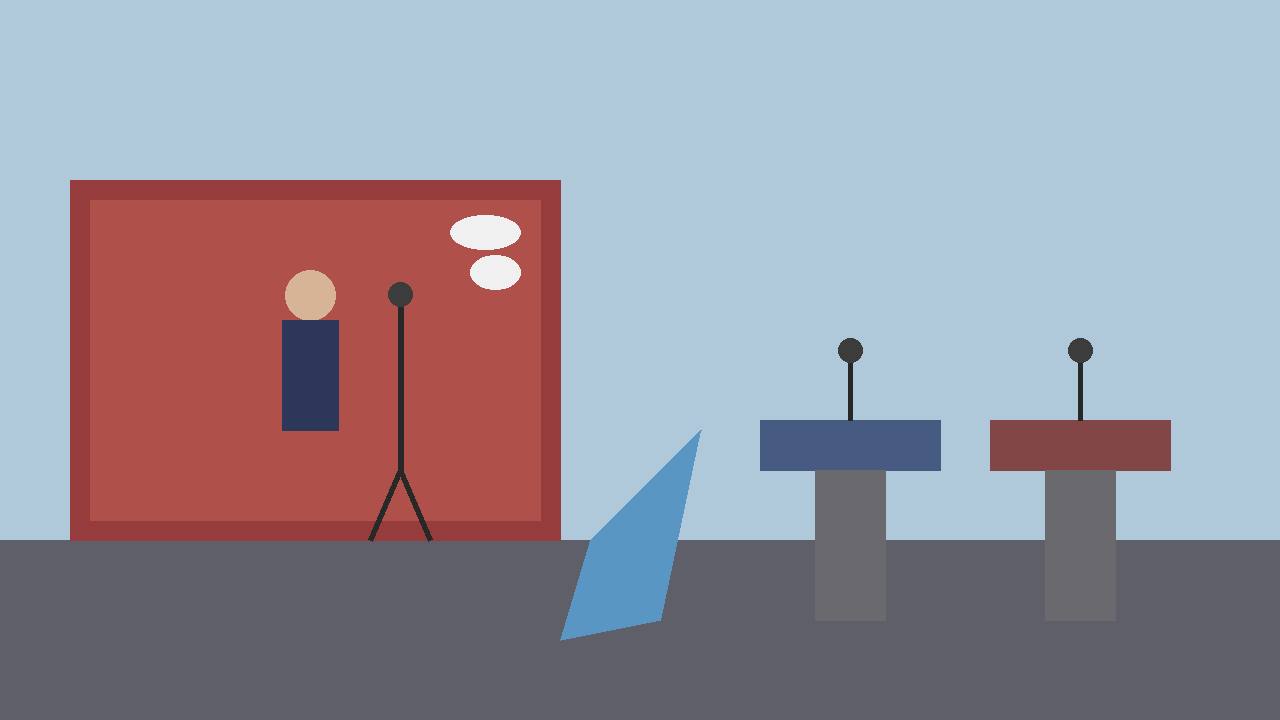 Editorial illustration of a generic comedy stage with a microphone and two generic press-briefing podiums divided by a strait, flat style, no real person, place or incident depicted, no text