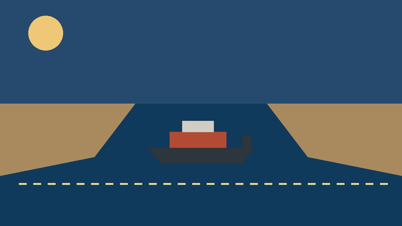 Editorial illustration of a generic cargo ship passing through a narrow strait between two land masses, with a dashed navigation route — no real place or person depicted