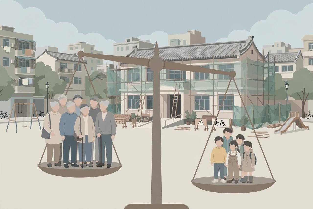 Editorial illustration of a balance scale between elderly people and children, with a kindergarten converting into an eldercare centre in China