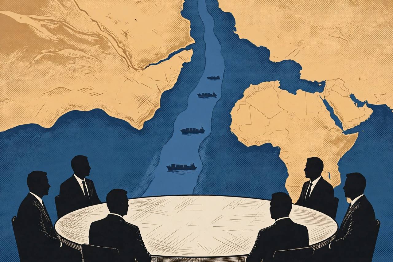 Editorial illustration of generic diplomats around a table with a stylised Middle East, Red Sea and Horn of Africa map and cargo ships