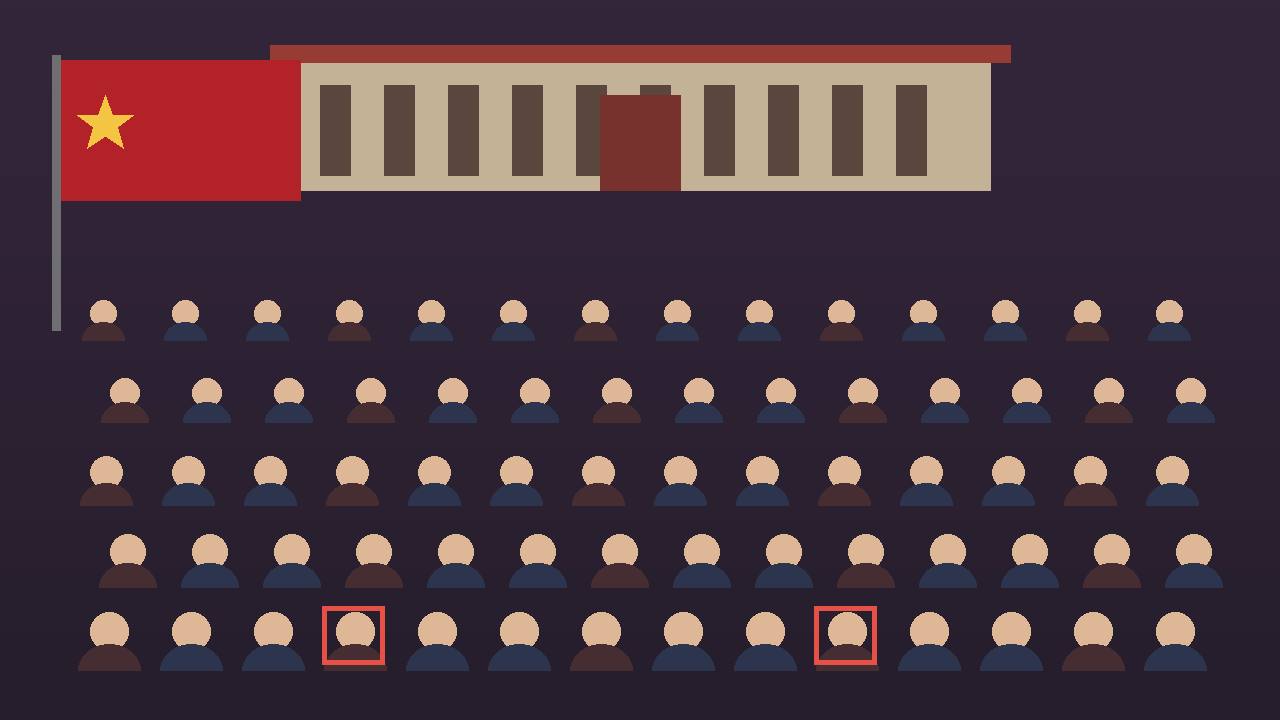 Editorial illustration of a generic assembly hall with rows of seated figures and two empty highlighted seats — no real person or place depicted