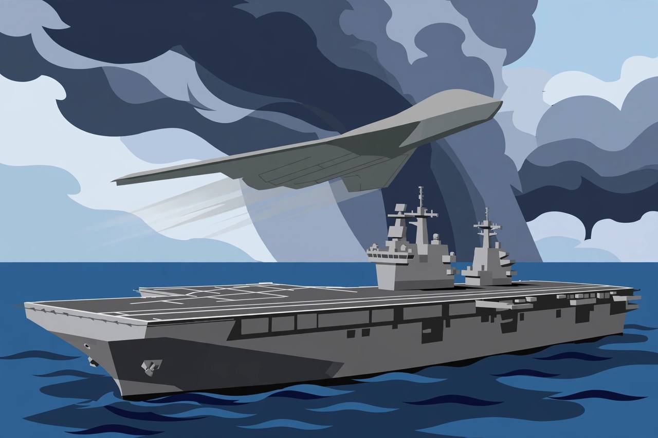 Editorial illustration of a flying-wing stealth drone taking off from the flight deck of a large amphibious assault ship at sea