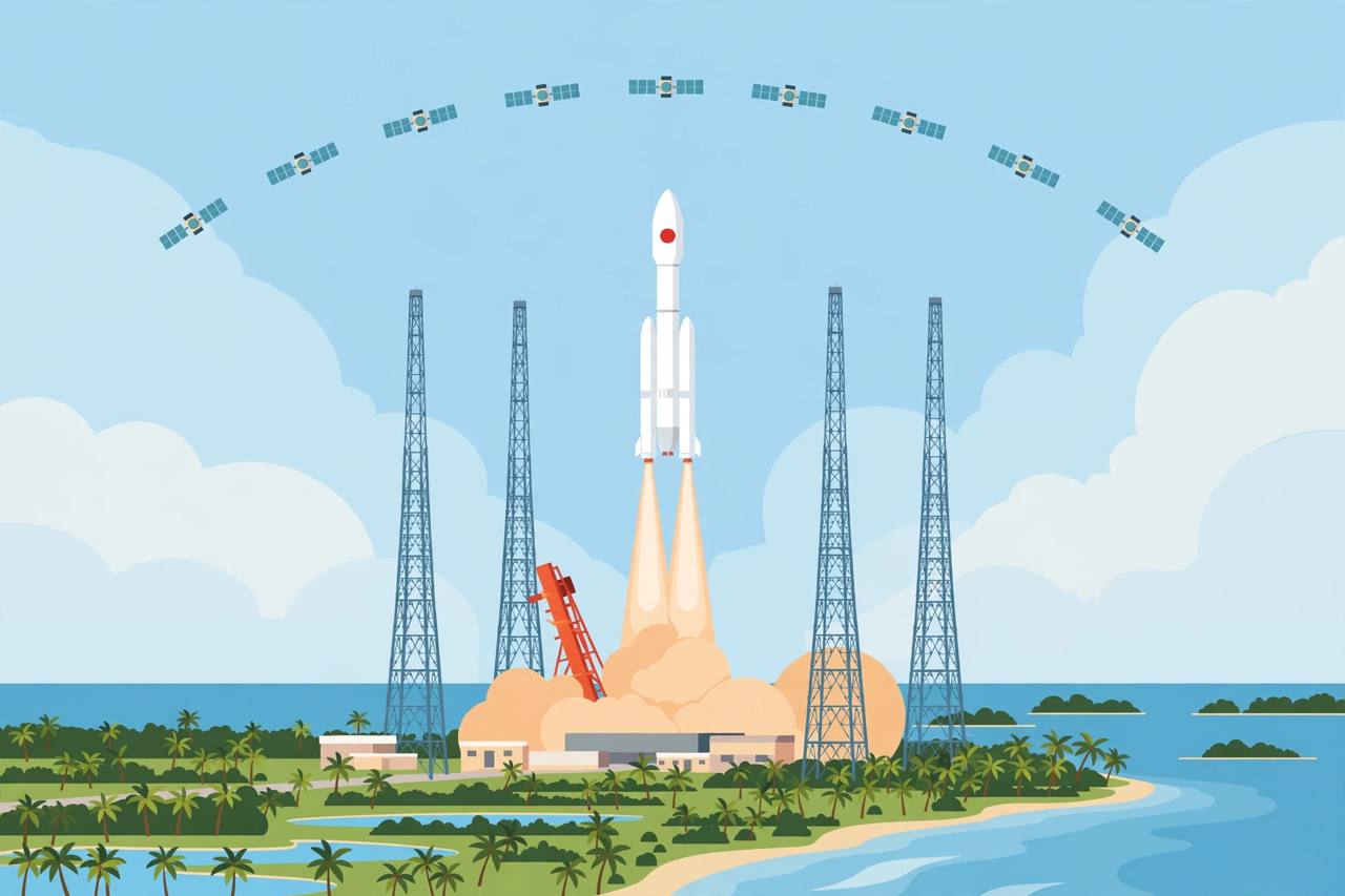 Editorial illustration of a Long March rocket lifting off from a coastal launch site in Hainan with internet satellites deploying in orbit