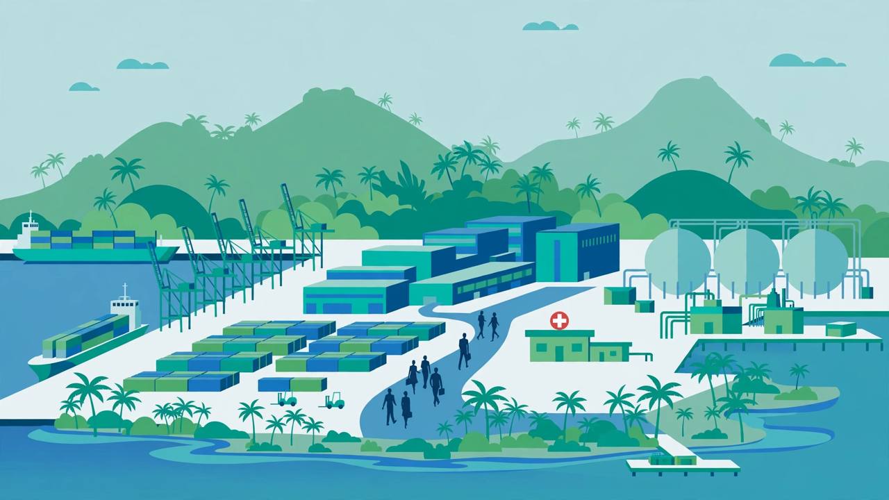 Editorial illustration of a tropical island free trade port with container ships, cranes, an LNG terminal and a hospital building