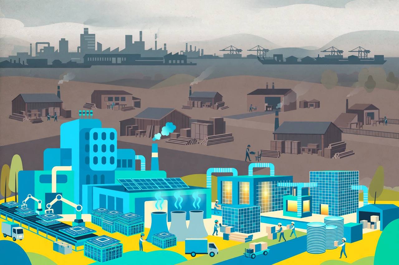 Editorial illustration of a generic Chinese industrial skyline with bright electronics factories and dimmer furniture workshops